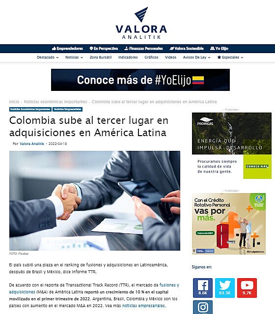 Colombia sube al tercer lugar en adquisiciones en Amrica Latina